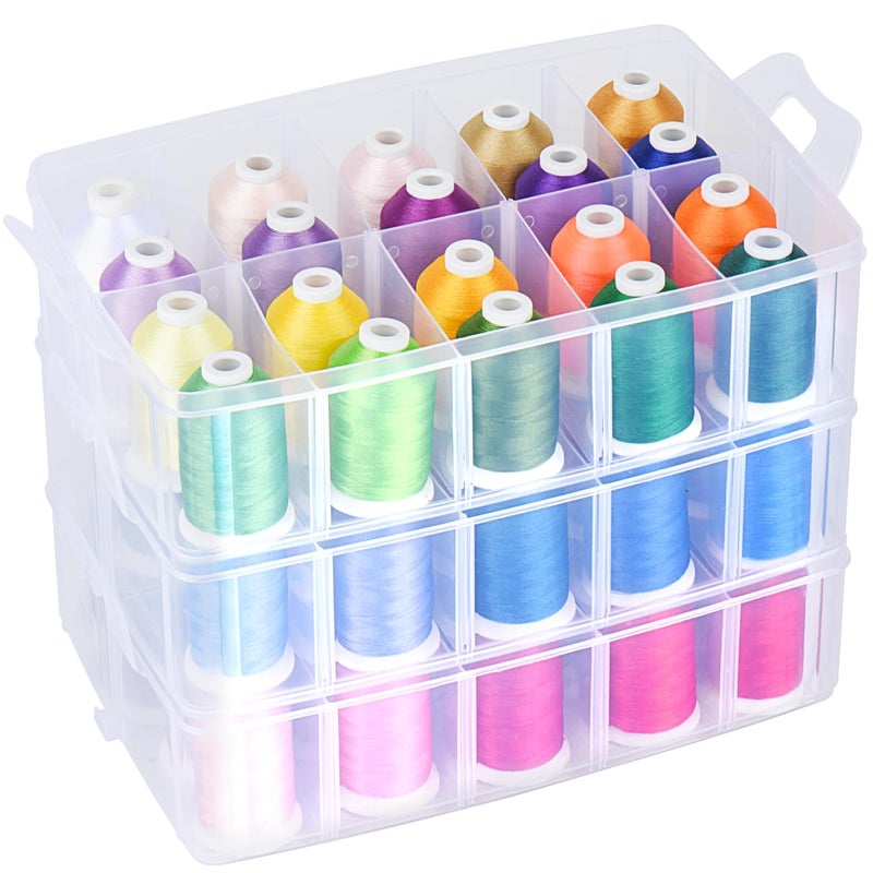 Simthread 63-Color Embroidery Thread Kit â€“ 63 Spools 550 Yards Each, 40WT Polyester Thread with 3-Layer Stackable Box, Bobbins & Tools â€“ Compatible with Brother, Janome, Babylock and More - Image 1